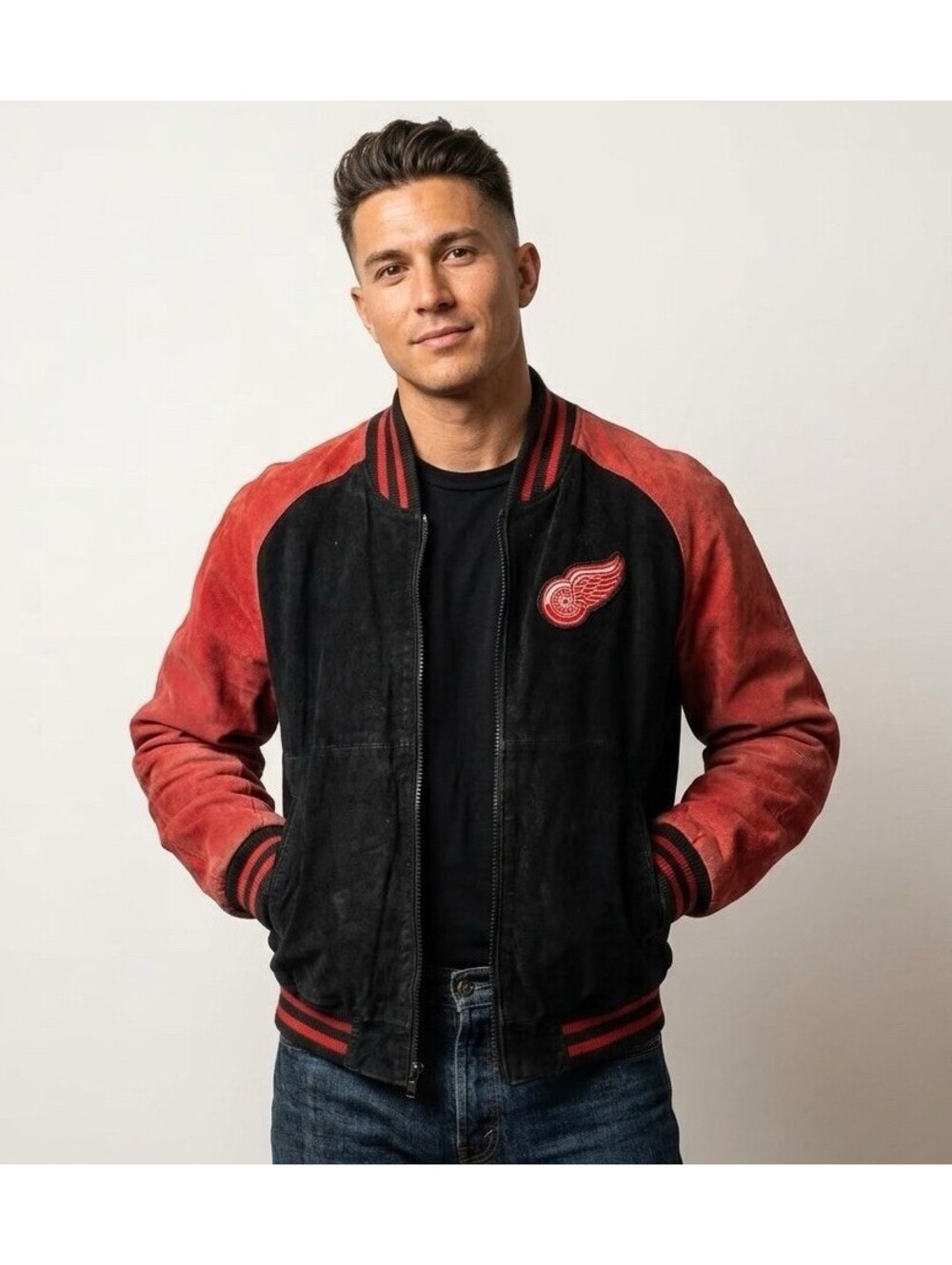 Vintage 90s Detroit Red Wings Suede Leather Jacket Size XL NHL Men’s